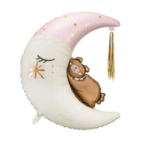 Ballon Aluminium Ourson Assis sur la Lune – Rose Poudré et Marron – PartyDeco