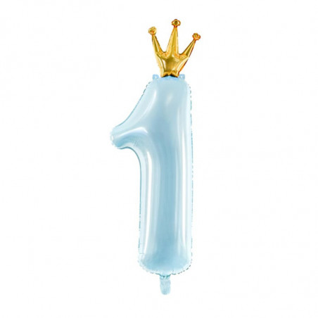 Ballon Chiffre 1 Bleu Pastel avec Couronne – Party Deco