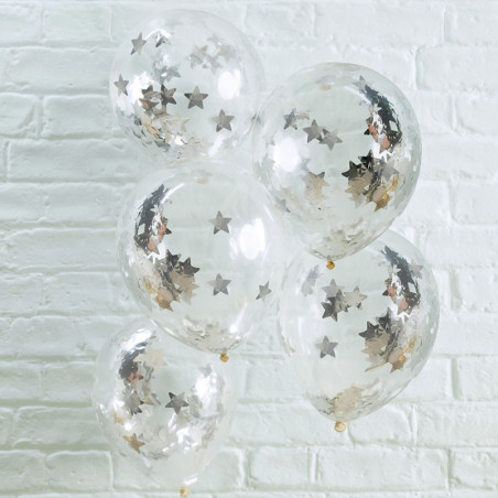 Ballons Latex Transparent Confettis Argent Métallisé – PartyDeco
