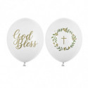 Ballons Latex Blancs avec Sérigraphie Dorée "God Bless" et Croix - Party Deco