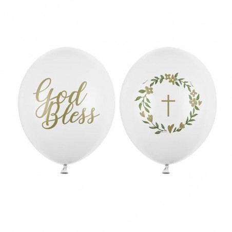 Ballons Latex Blancs avec Sérigraphie Dorée "God Bless" et Croix - Party Deco