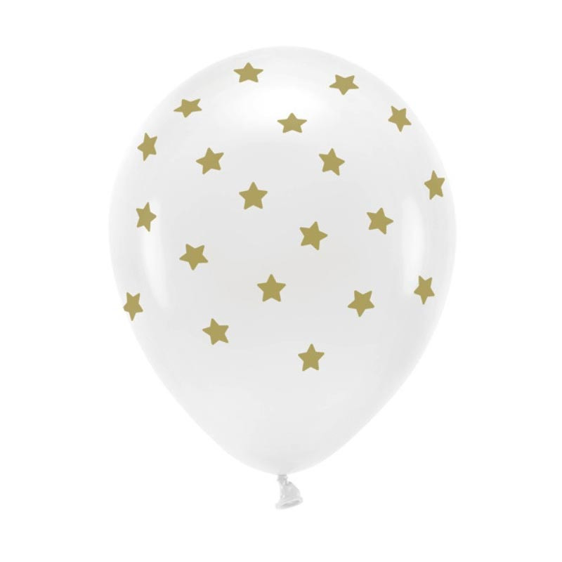 Ballons Latex Blanc avec Étoiles Dorées – Lot de 6 – Party Déco