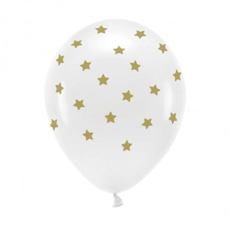 Ballons Latex Blanc avec Étoiles Dorées – Lot de 6 – Party Déco