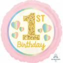 Ballon Rond Premier Anniversaire Fille Rose & Doré