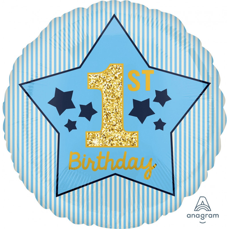 Ballon Rond Premier Anniversaire Garçon Bleu & Doré