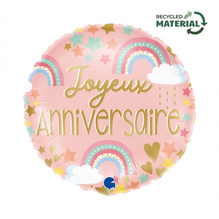 Ballon Alu Rond Rose Poudré avec Arc-en-Ciel et Nuages – Grabo