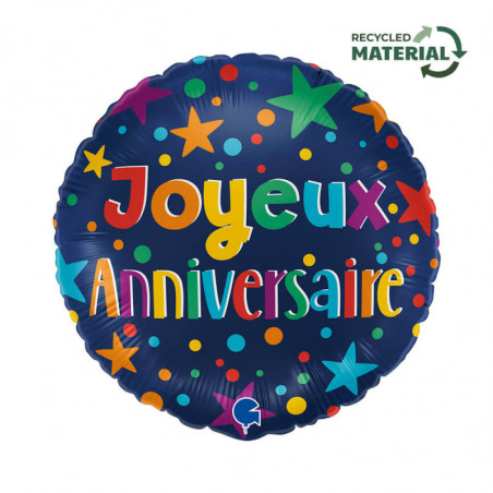 Ballon Alu Rond "Joyeux Anniversaire" Multicolore sur Fond Bleu Marine – Grabo
