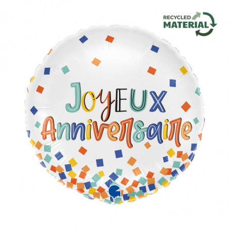 Ballon Alu Rond "Joyeux Anniversaire" avec Motifs Confettis Multicolores – Grabo