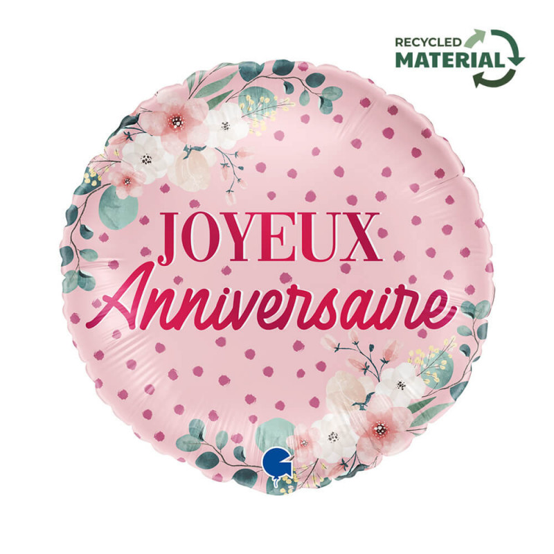 Ballon Alu Rond "Joyeux Anniversaire" Rose Clair avec Fleurs – Grabo