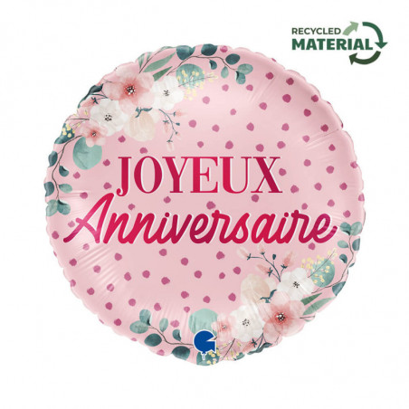 Ballon Alu Rond "Joyeux Anniversaire" Rose Clair avec Fleurs – Grabo