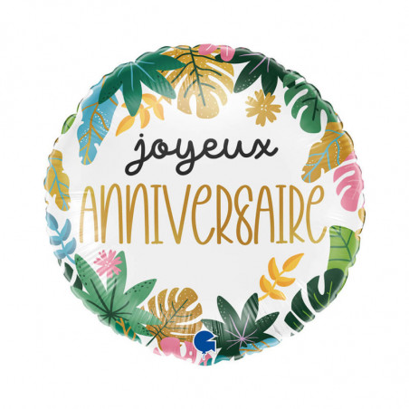 Ballon Alu Rond "Joyeux Anniversaire" Motifs Tropical Feuilles Monstera – Grabo