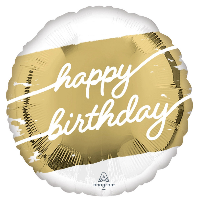 Ballon Rond Anniversaire Blanc & Doré Happy Birthday