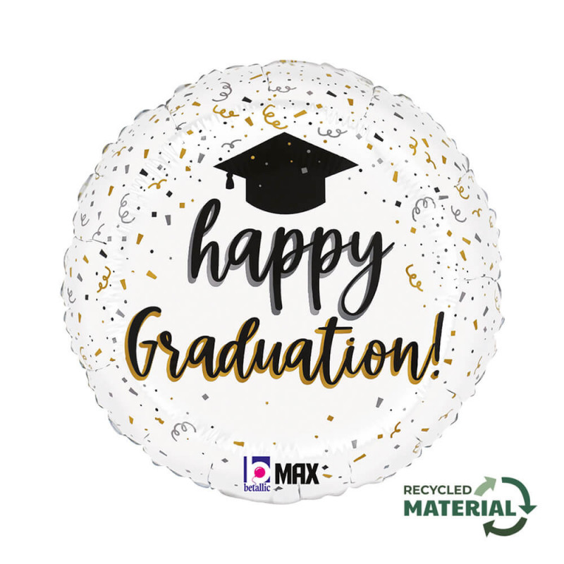 Ballon Rond Confettis & Chapeau de Graduation – 45 cm – Grabo