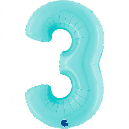 Ballon aluminium chiffre 3 Bleu clair Pastel Blue 40inc Grabo