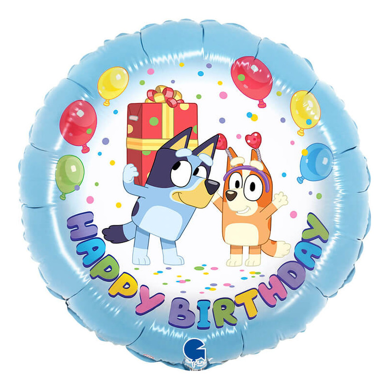 Ballon aluminium rond Bluey Anniversaire – Marquage "Happy Birthday" Grabo