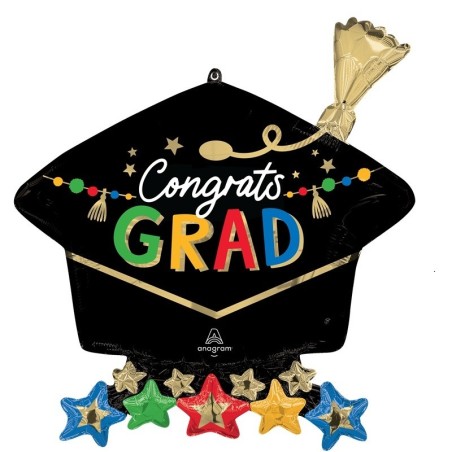 Ballon Alu SuperShape Chapeau Graduation Étoiles Multicolores – Anagram – 66 x 66 cm
