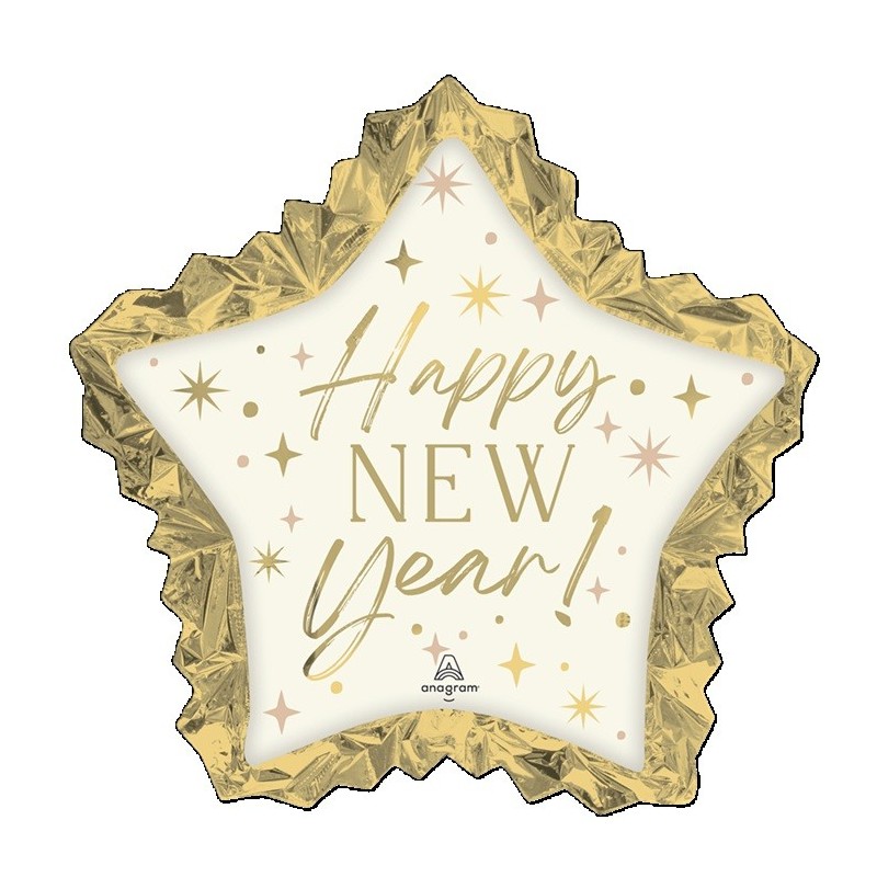 Ballon Alu SuperShape Étoile Blanche et Dorée Happy New Year – Anagram