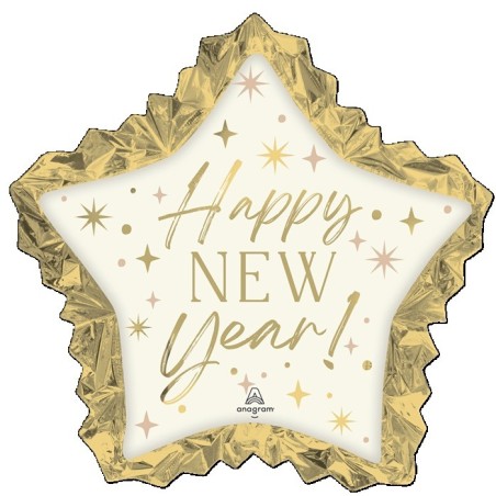Ballon Alu SuperShape Étoile Blanche et Dorée Happy New Year – Anagram