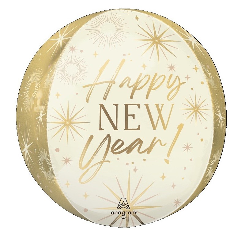 Ballon Alu Orbz Blanc et Doré Happy New Year – Anagram
