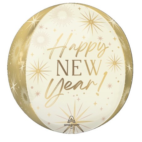 Ballon Alu Orbz Blanc et Doré Happy New Year – Anagram