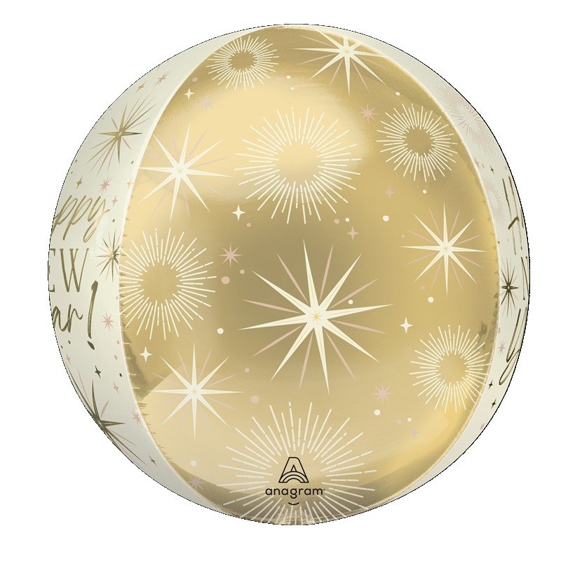 Ballon Alu Orbz Blanc et Doré Happy New Year – Anagram
