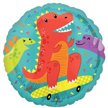 Ballon Alu Standard Fond Bleu avec Dinosaures Rouge, Vert et Violet – Anagram