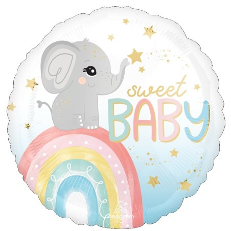 Ballon Alu Rond Bleu Clair Éléphant sur un Arc-en-Ciel – Anagram