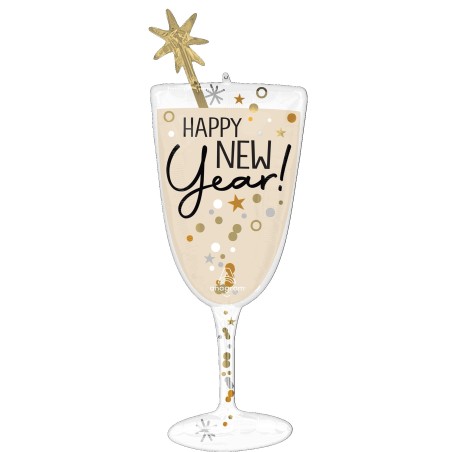 Ballon Alu SuperShape Verre de Champagne Happy New Year – Anagra