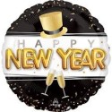 Ballon Alu Rond Noir, Blanc et Doré Happy New Year – Anagram