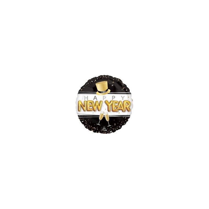 Ballon Alu Rond Noir, Blanc et Doré Happy New Year – Anagram