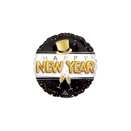 Ballon Alu Rond Noir, Blanc et Doré Happy New Year – Anagram