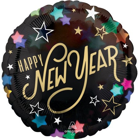 Ballon Alu Rond Noir avec Étoiles Colorées Happy New Year – Anagram
