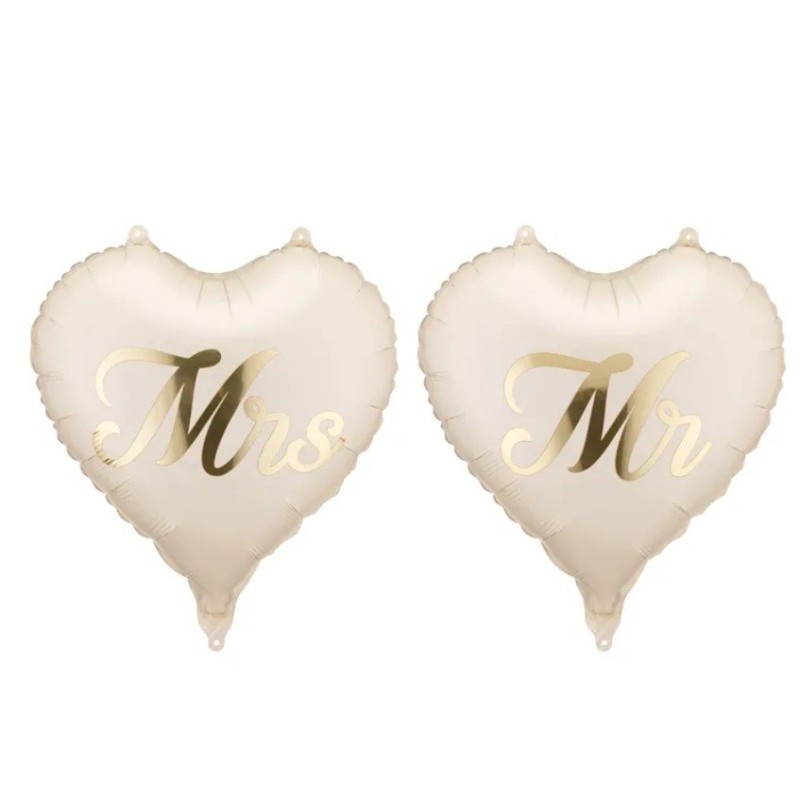 2 Ballons Aluminium Cœur “MR” & “MRS” Beige Mat Doré Chromé 35 cm – Party Deco
