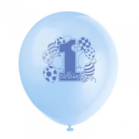 Ballons Latex Premier Anniversaire Bleu Clair, Bleu Foncé, Vert et Jaune 30 cm – Unique