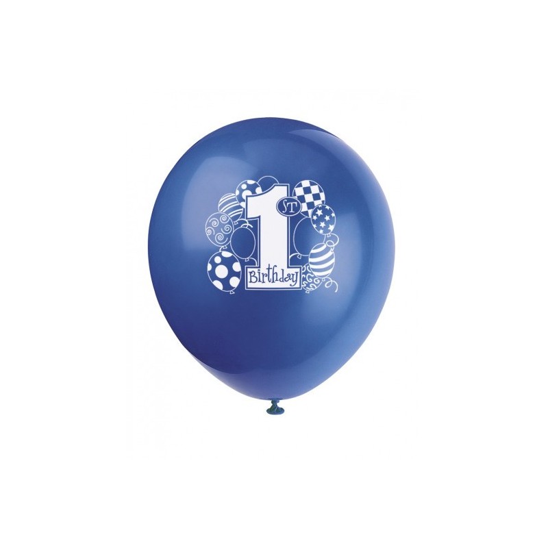 Ballons Latex Premier Anniversaire Bleu Clair, Bleu Foncé, Vert et Jaune 30 cm – Unique