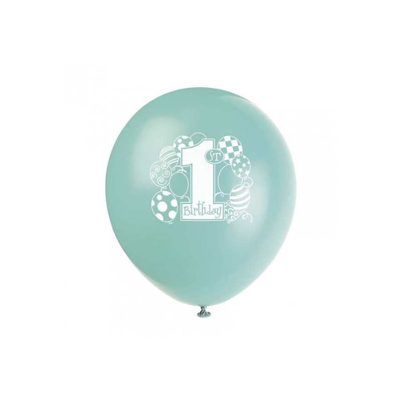 Ballons Latex Premier Anniversaire Bleu Clair, Bleu Foncé, Vert et Jaune 30 cm – Unique