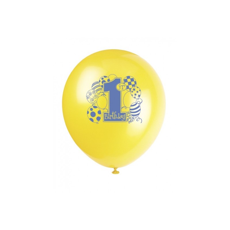 Ballons Latex Premier Anniversaire Bleu Clair, Bleu Foncé, Vert et Jaune 30 cm – Unique